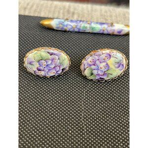 Victorian Era 1910s Hand-Painted Porcelain Bar Pin & Screw Back Earrings
